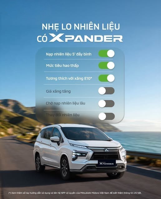 Mitsubishi Xpander giúp mỗi hành trình nhẹ nhàng hơn với mức tiêu hao nhiên liệu từ 6,2L/100km*, tiếp nhiên liệu thuận tiện và tương thích xăng E10**.