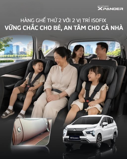 Với những gia đình có con nhỏ, một chỗ ngồi an toàn cho bé luôn là ưu tiên hàng đầu trên mỗi chuyến đi. Mitsubishi Xpander được trang bị 2 vị trí ISOFIX tại hàng ghế thứ 2, giúp cố định ghế trẻ em chắc chắn theo tiêu chuẩn quốc tế, hạn chế xê dịch và mang đến vị trí ngồi vững vàng cho bé.